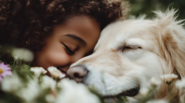 A heartwarming scene of a child snuggling with a golden retriever, showcasing the bond between humans and animals, love, joy, and the innocence of childhood in nature.