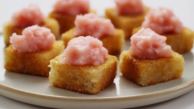 Refined Presentation Of Salmon Appetizers With Polenta Bases And Creamy Pink Mousse In Bright Studio Setting