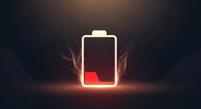 A glowing battery icon with a low charge level in a dark background