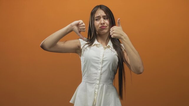 Teenage girl in white dress shows thumbs up and thumbs down with both hands in orange studio, long hair and expressive face visible; ambivalent.