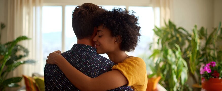a couple shares a warm embrace like sunlight in a bright living room at home