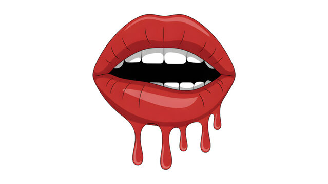 Red Lips Biting with Blood Dripping on White Background