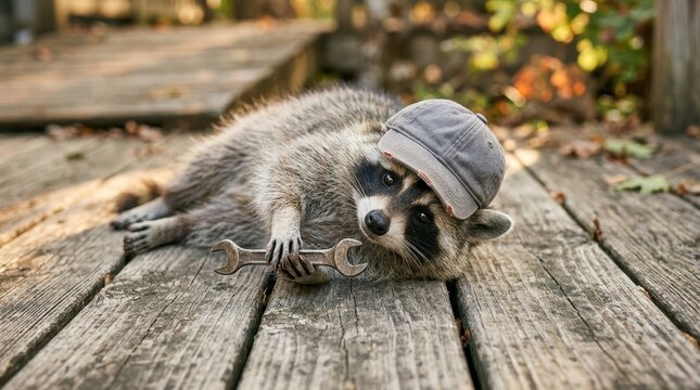 Raccoon Cap And Wrench Flat Lay On Distressed Wood Surface, Rustic Style