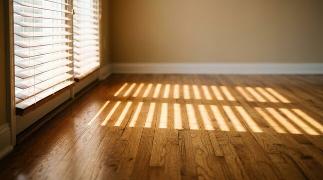 Sunlight Streaks Through Blinds Onto Hardwood Floor, Creating A Warm And Inviting Atmosphere With Empty Space.