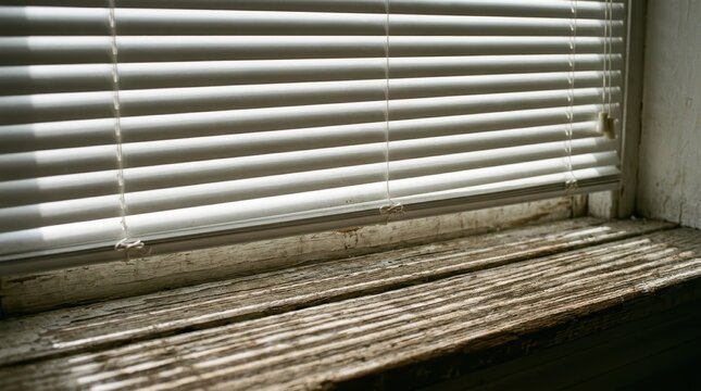 Geometric Shadows From White Blinds Cast Sharp Lines Across A Wooden Windowsill