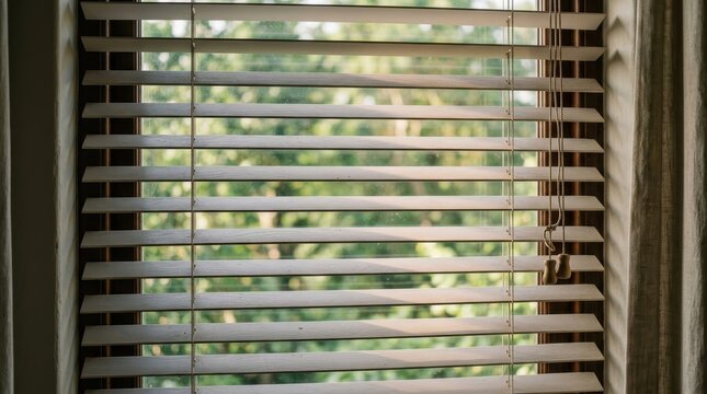 Soft Morning Light Through Window Blinds Revealing Blurred Greenery Outside, Creating A Calm And Peaceful Atmosphere.