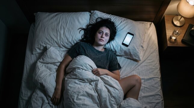 Restless Woman Awake In Bed Tossing And Turning, Unable To Sleep With Her Phone Nearby.