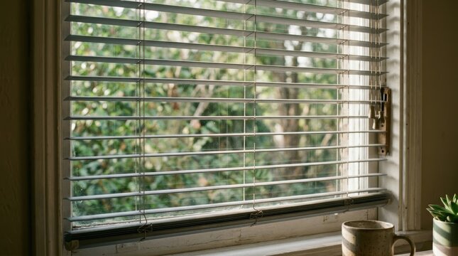 Soft Morning Light Through Window Blinds Reveals Blurred Greenery, Creating A Peaceful And Serene Atmosphere.