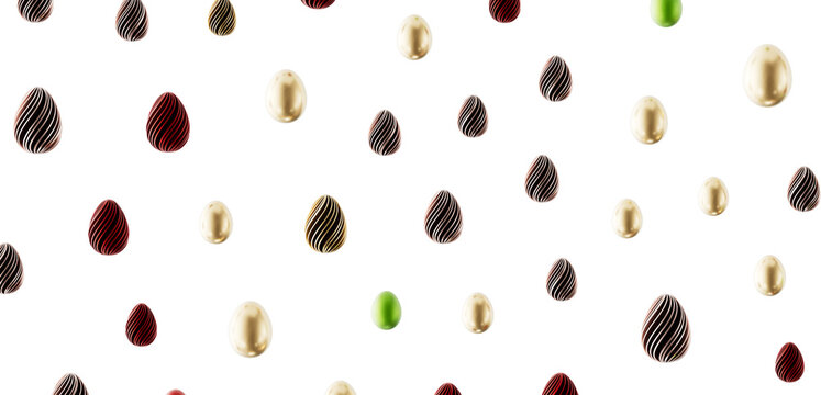 Festive background with golden and chocolate Easter eggs on white, perfect for seasonal designs. Celebrate spring and ho
