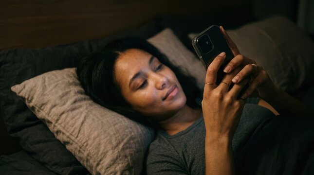 Close-Up Of A Woman Holding A Smartphone In The Dark, The Bright Screen Illuminating Her Face
