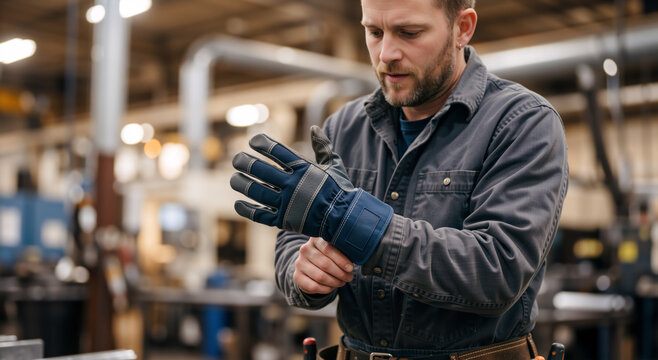 Male worker putting on protective safety glove in industrial factory. Caucasian man preparing for manual labor in manufacturing workshop