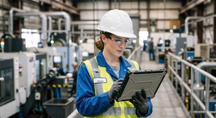 Female industrial engineer using rugged tablet in factory. Young woman with hard hat and safety glasses inspecting manufacturing plant