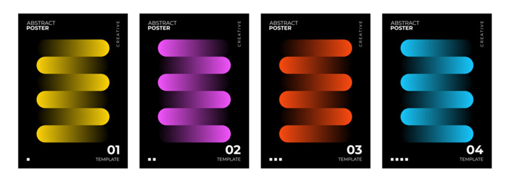 Abstract posters collection. Bright gradient stripes on black background. Creative graphic designs. Vector illustration.