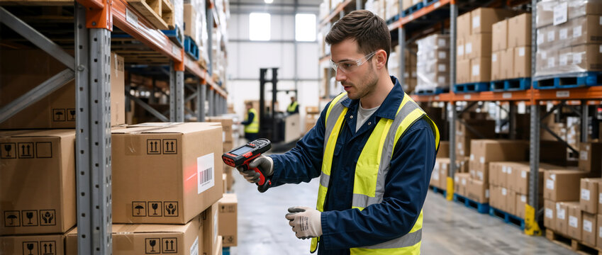 Male warehouse worker scanning barcode on cardboard box. Young man using handheld scanner for inventory management in distribution center