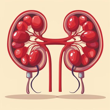 An illustration of a pair of kidneys with multiple cysts on them