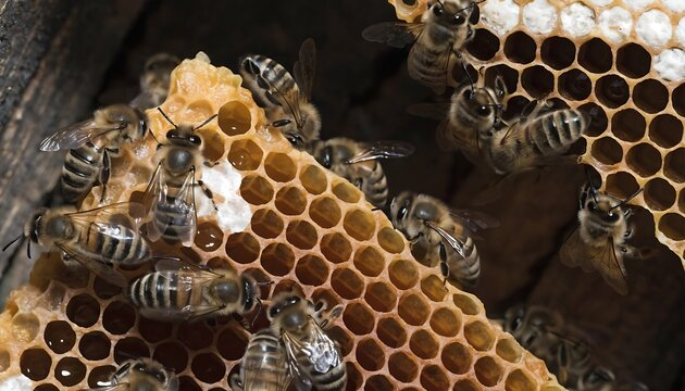 Bees on honeycomb with honey inside hive worker bee queen bee animal behavior food production food and drink dietary supplement honeycomb wildlife beekeeping agriculture close-up