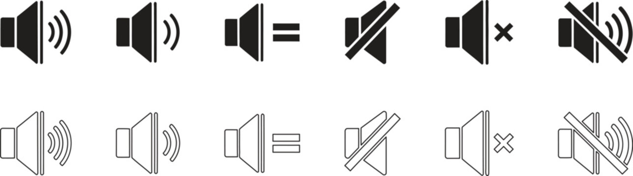 Speaker volume control icons black outline set with muted options