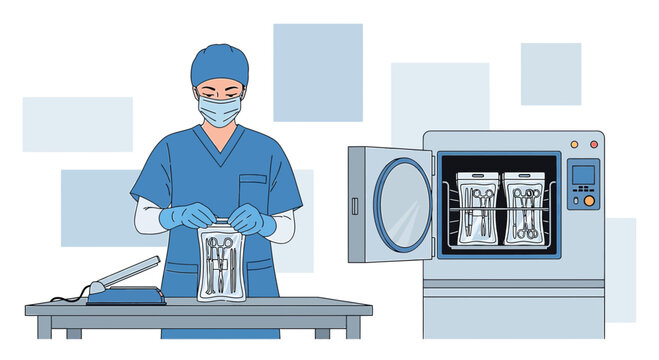 Sterilization Process: Healthcare Worker Prepares Surgical Instruments in Autoclave