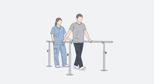 Physical therapy patient walking with assistance between parallel bars