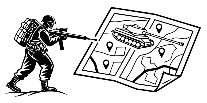 Soldier with backpack aiming rifle at tank on map combat zone military vehicle army tank armed forces planning operation route planning enemy target attack plan ground forces war game