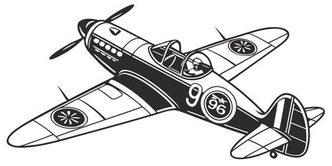 Racing airplane with number 96 on wing air race line art black and white graphic design airplane propeller aircraft competition number 96 aerobatics aviation transport silhouette © Gh