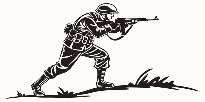 Soldier aiming with rifle in silhouette style action pose black and white army man military silhouette illustration character soldiering infantry shooting strategy