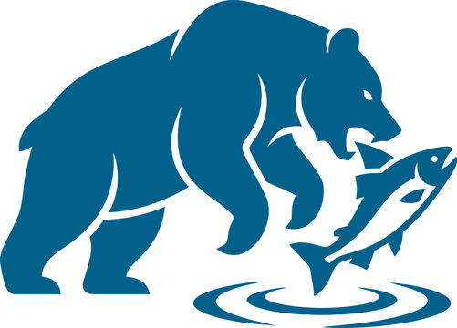 Aggressive bear pouncing on a fish in water can be Editable