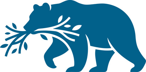 Fototapeta premium Bear silhouette carrying a leafy tree branch in its mouth can be Editable