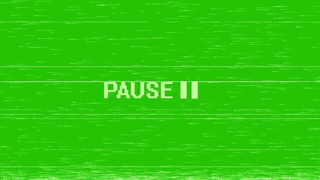 Pause text with a classic double vertical bar symbol centers perfectly against a vivid green backdrop, while scattered white static lines constantly flicker to recreate an old school VCR frozen frame