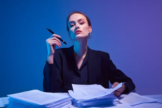 Contemplative businesswoman under bright studio lights reviews documents, symbolizing meticulous decision-making.