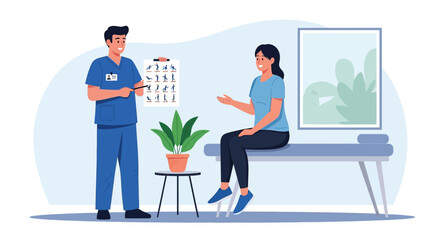 Fototapeta premium Physical therapist consults patient on exercise chart in clinic examination room