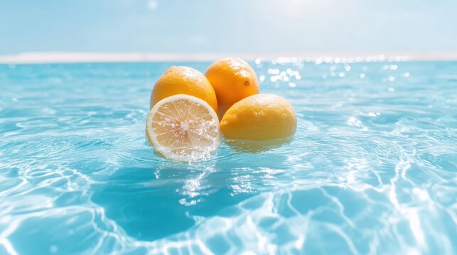 Vibrant lemons float effortlessly in sparkling turquoise waters, creating a refreshing and invigorating visual perfect for summer vibes and culinary delight.