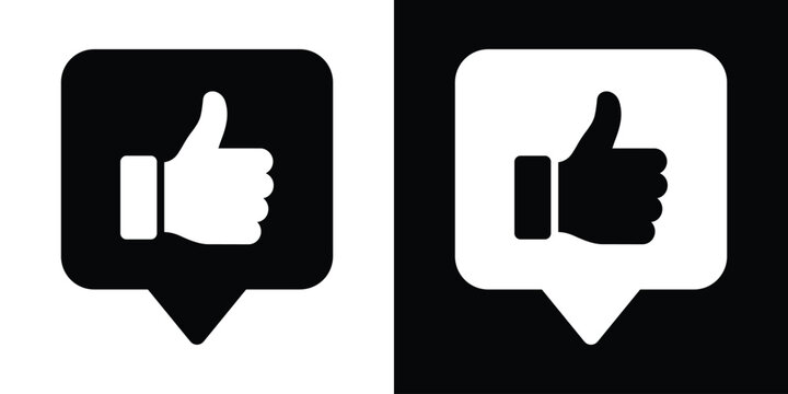 White outline speech bubble on black background enclosing thumbs up hand and four stars for top-rated message approval. Inverted duotone vector icon ideal for dark mode UI, chat feedback, review notif
