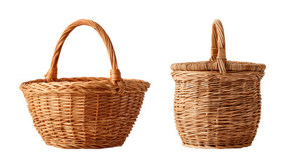 Obraz premium Rustic woven wicker baskets for storage and picnic use PNG set isolated on transparent background