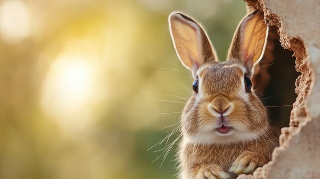 A cute rabbit peeking out from a burrow, surrounded by nature's beauty, embodying curiosity, innocence, and the charm of wildlife in a serene setting.