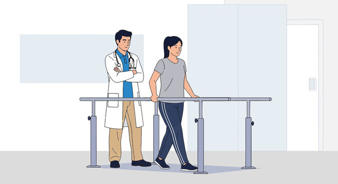 Physical therapist assists patient walking with parallel bars for rehabilitation after surgery