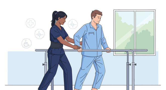 Physical Therapist Assists Patient Walking with Parallel Bars for Rehabilitation
