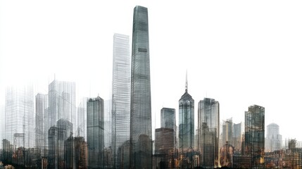 Fototapeta premium Hong kong city skyline blueprint and architectural wireframe, illustrating global real estate development, urban planning and modern construction design
