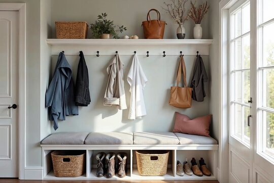 Entryway storage system with coats shoes and family grab-and-go essentials
