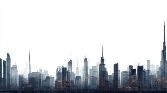 Minimalist city skyline illustration with a prominent supertall skyscraper, clean white background, symbolizing business, innovation, urban growth and global expansion