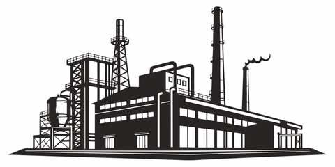 Fototapeta premium Black and white illustration of a factory with smokestacks and pipes industrial building industry manufacturing smokestacks pollution emission architecture illustration monochrome
