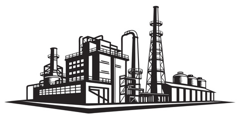 Fototapeta premium Illustration of an industrial factory with multiple towers and pipes industrial building industry manufacturing smokestacks architecture illustration monochrome silhouette production