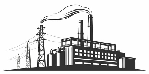 Obraz premium Industrial factory with power lines and smoking chimneys industrial building industry manufacturing smokestacks pollution electricity transmission architecture illustration monochrome