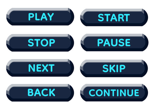Dark Blue 3D Media Control Button Set with Bright Light Blue Typography &ndash; Glossy Rounded UI Elements, Modern Tech Interface Design, Clean Minimal Style, Isolated on Transparent Background PNG