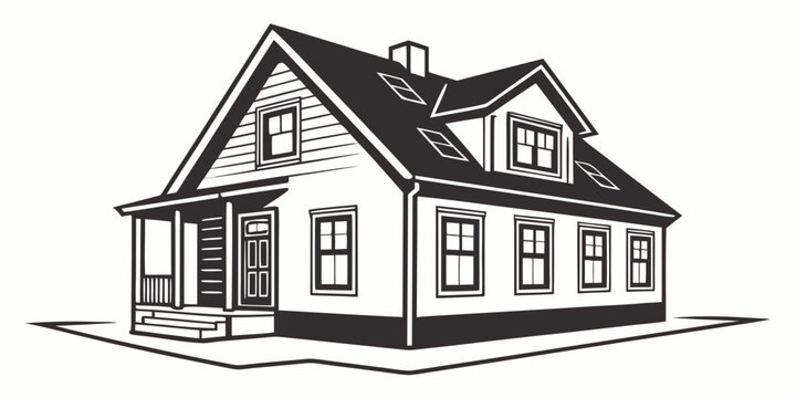 Black and white vector illustration of a detached residential house with porch and dormer building residential architecture property realestate suburban construction illustration