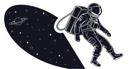Stylized monochrome graphic of an astronaut in a spacesuit floating next to a cosmic portal showing a ringed planet and stars in deep space with astronaut universe exploration floating © Sumi