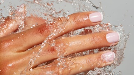 Fototapeta premium Female hand with manicured nails receiving a refreshing splash of clear water, symbolizing purity, hydration, skincare, wellness, and healthy skin