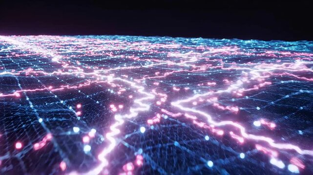 Dynamic pulsating digital network mesh with glowing interconnected nodes and flowing pink data streams on a dark background, symbolizing connectivity, data transfer