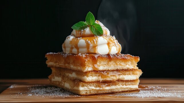 A visually appealing slice of layered cake topped with cream and caramel, presenting a delightful treat that promises to satisfy any sweet tooth with its exquisite taste.