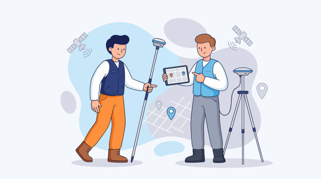 Vector Professional land surveyors using GNSS RTK receiver and tablet for mapping